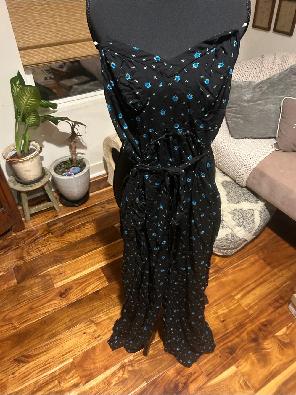 Free People Black jumpsuit with Blue Floral Print